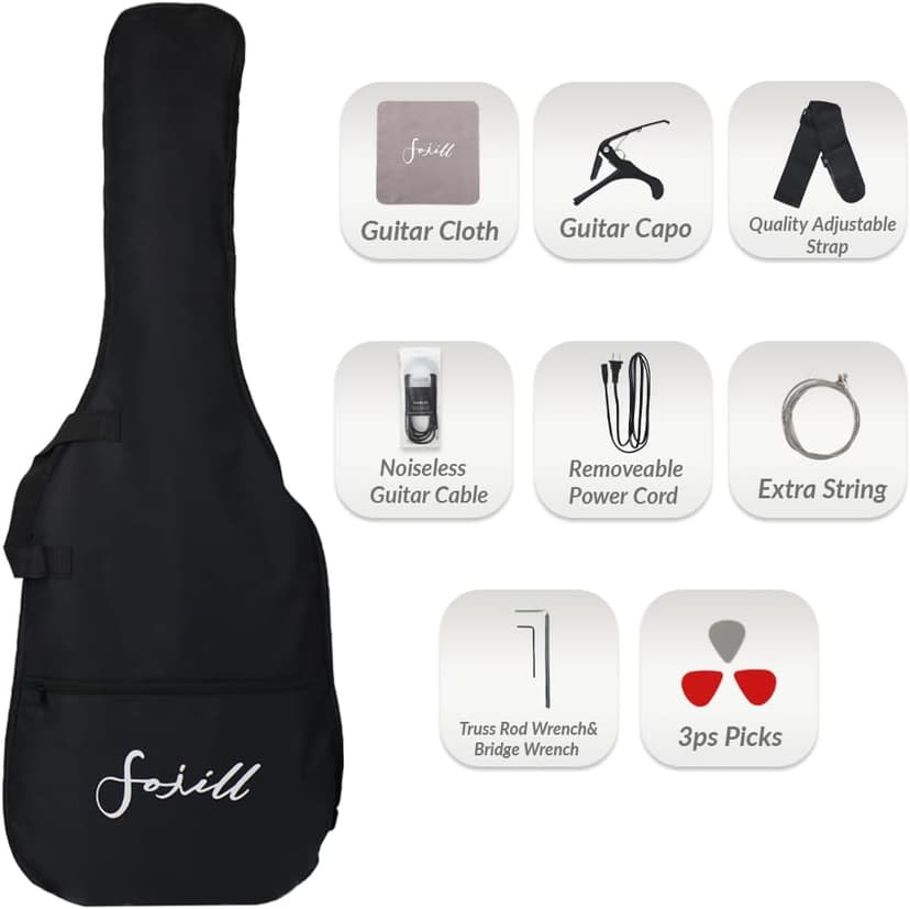 Fojill Full Size 4 Four String Electric Bass Guitar 20W Amplifier Amp Right Hand Beginner Starter Kit Set Combo Bundle Accessory Gig Bag,Strap,Picks,Capo,Noiselss Cable,Strings (Black)