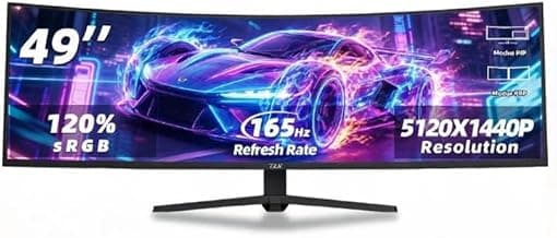 ZZA 49" Curved Gaming Monitor | 5120x1440 Dual QHD, 165Hz/144Hz, 1500R, 32:9 Ultra-Wide, AMD FreeSync, 120% sRGB, Height Adjustable, HDMI 2.1 & DisplayPort 1.4, VESA Mount, Black