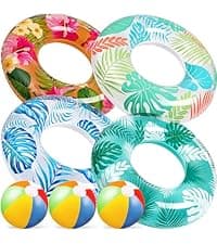 90shine 7PCS Fruit Pool Floats: Watermelon Kiwi Orange Lemon Swimming Rings with 13.5" Beach Balls - Inflatable Tubes Floaties Toys for Kids Adults