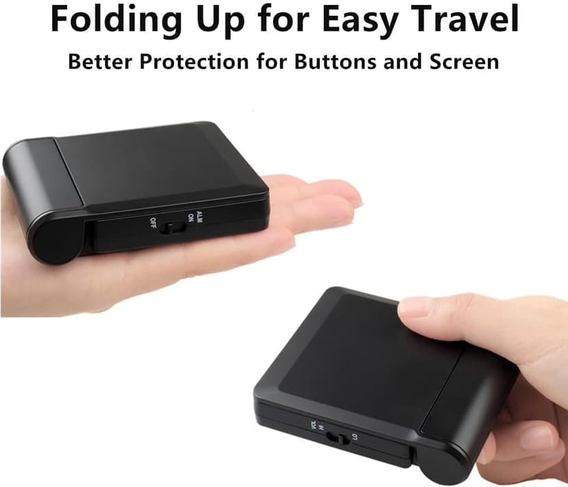 FAMICOZY Small Folding Digital Travel Alarm Clock with Day/Month/Date/Indoor Temperature,Easy to Read and Set,High/Low Alarm Volume,9 Min Snooze,Backlight on Demand,Bedside Calendar Alarm Clock,Black