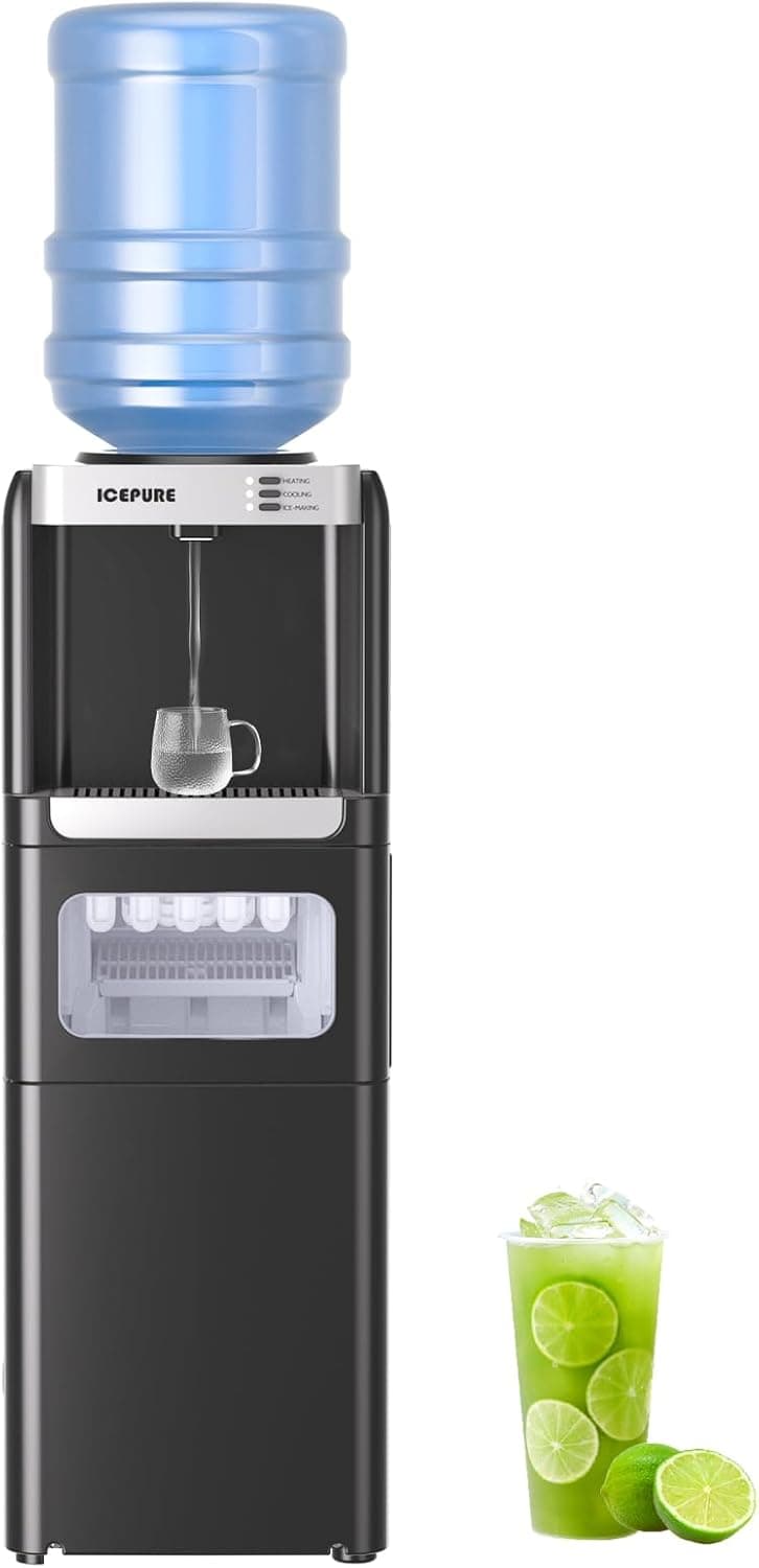 ICEPURE Water Cooler Dispenser with Build-in Ice Maker, Hot and Cold Water Dispenser with Bullet Ice Maker, 33lbs/24H, Child-Lock,Top Loading