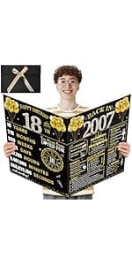 11Pcs 18th Birthday Decorations Kit for Men Women, Black Gold Happy 18th Birthday Banner, Awesome Since 2007 Centerpieces Swirls Party Supplies, Eighteen Bday Banner Ceiling Table Topper Sign