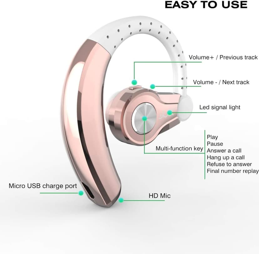 PONYBRO Wireless Headset with Mic,Unmatched Comfy Wireless Earbud w/ 8 Hrs, HiFi Sound Cell Phone Earpiece Hands Free Headphone Compatible with Android/iPhone/Smartphones/Laptop, Rose Gold
