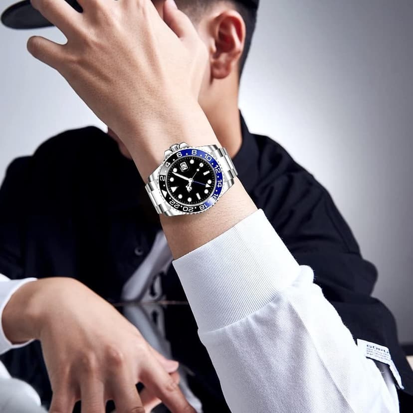 FANMIS GMT Master Sapphire Glass Blue and Black Ceramic Bezel Men's Silver Automatic Watch