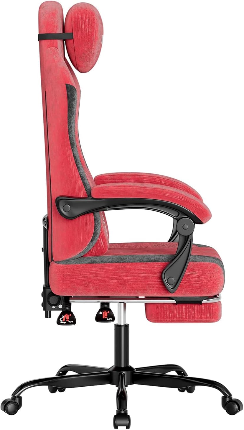 SUKIDA Fabric Video Gaming Chair, Ergonomic High-Back Computer Game Chairs with Large Massage Adjustable Lumbar Support, Headrest and Linked Armrests for Long Hours Sitting Task Chair, Red