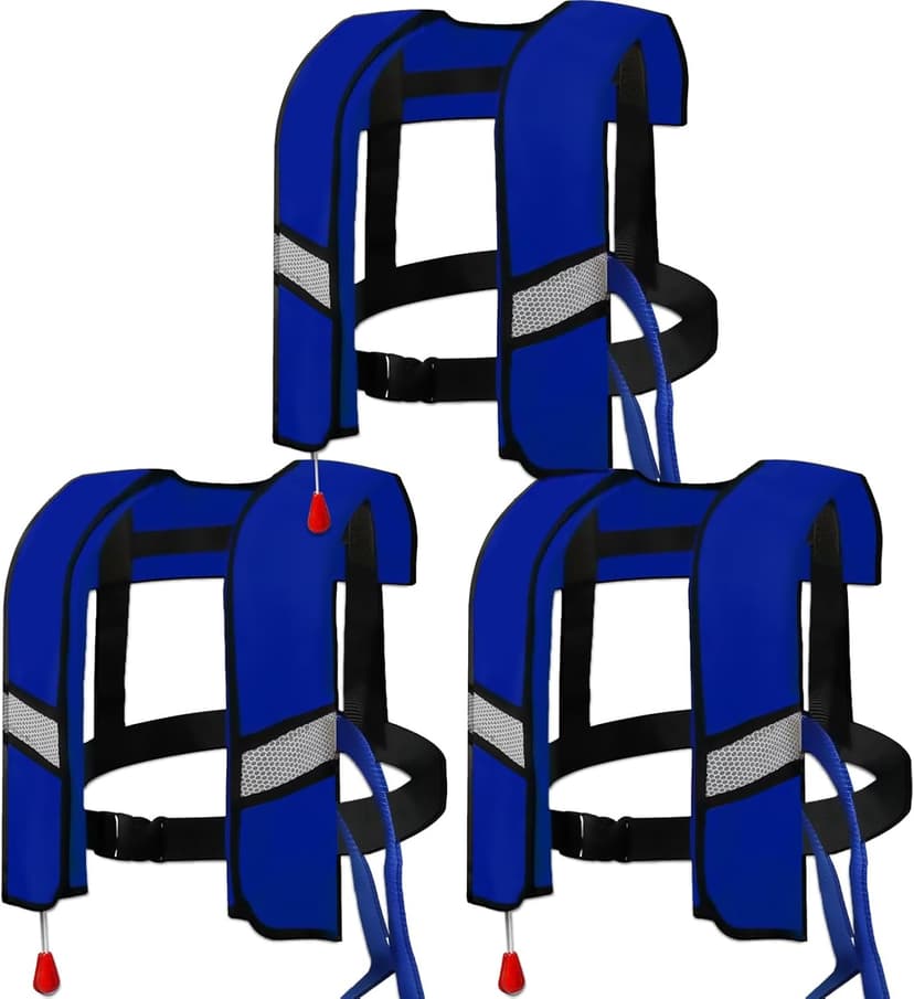 3-Pack 150N Automatic Inflatable Life Jacket – Adjustable Nylon Swim Vest with CO2 Inflation, Reflective Strips & Safety Buckle