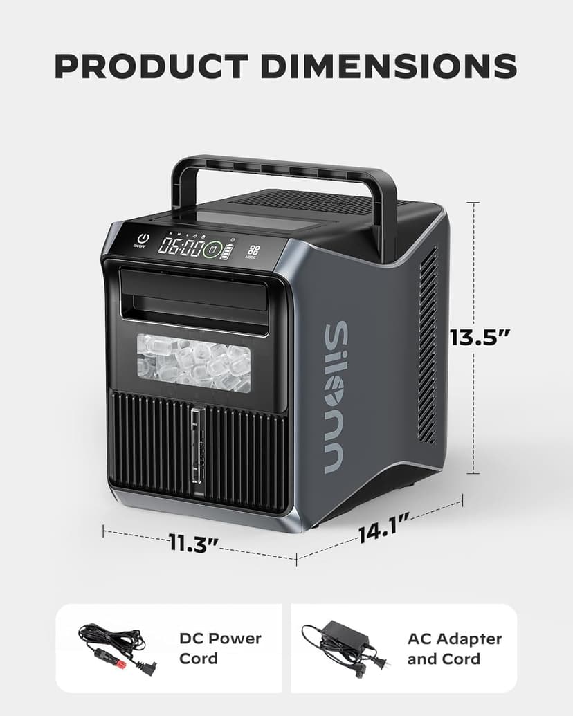 Silonn Battery-Powered Ice Maker with 4-Power, RV Ice Maker Countertop 12V/24V Car Charger 100-240V AC Solar-Ready, Portable Ice Machine 9 Cubes/6 Mins 22lbs/Day Auto-Clean for Camping RV Home Outdoor