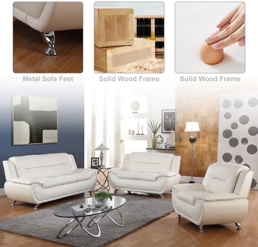 Leather Sofa Set for Living Room 3 Piece Living Room Furniture Set Modern Couch Set with 3-Seater Sofa, Loveseat and Armchair (Cream White)