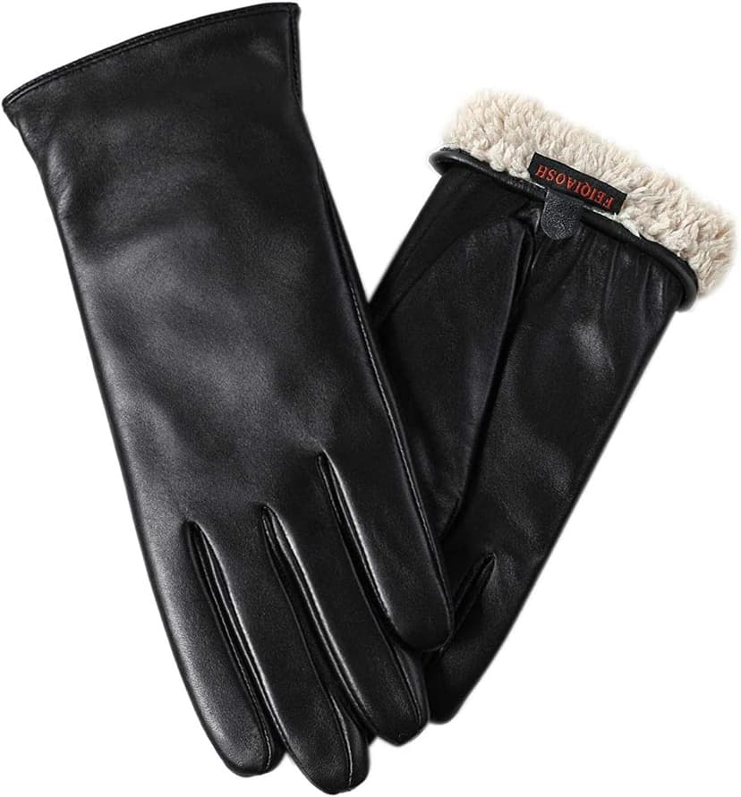 FEIQIAOSH Winter Leather Gloves for Women, Premium Sheepskin Warm Gloves for Cold Weather, Fleece Lining Touch Screen Glove