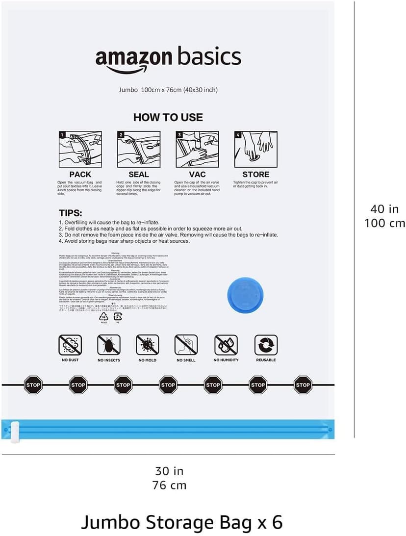 Amazon Basics Vacuum Compression Space Saving Storage Bags with Hand Pump for Clothes Packing, Jumbo, Clear, Pack of 6