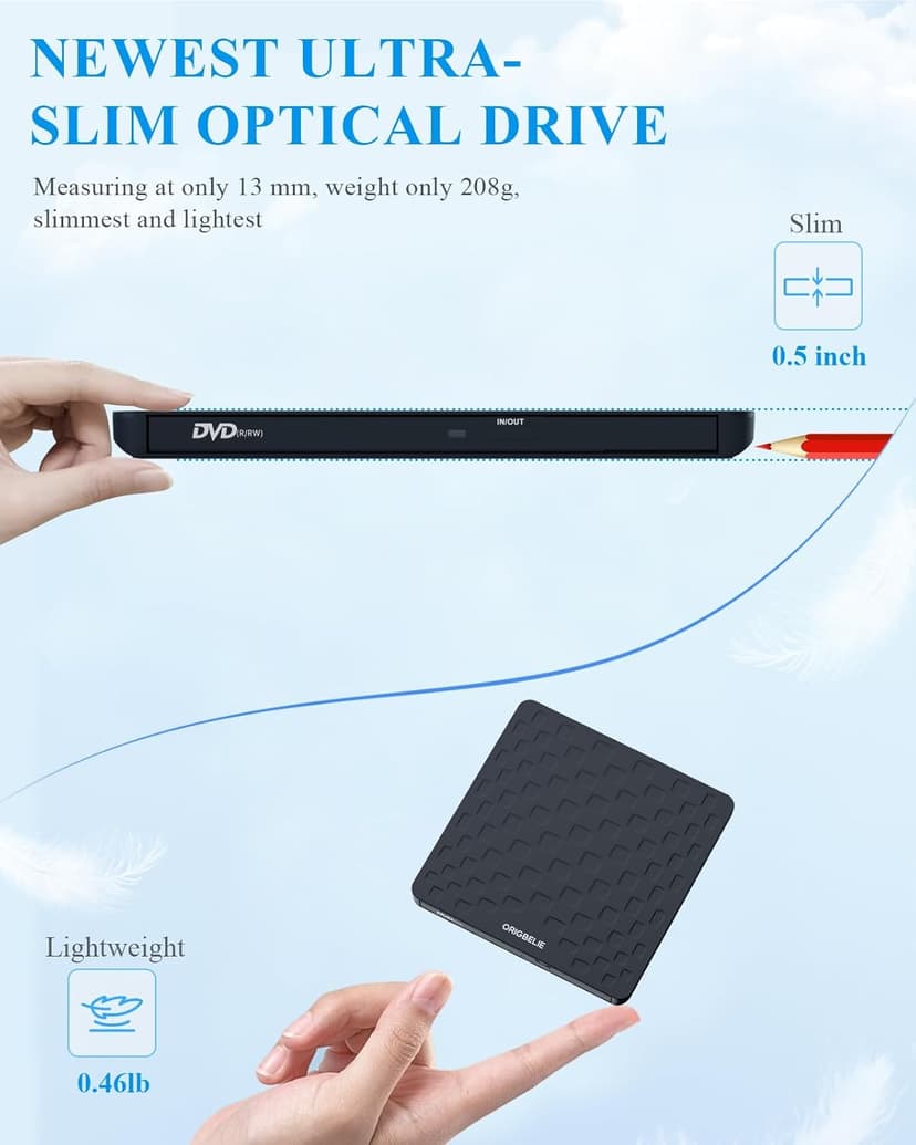 ORIGBELIE External CD DVD Drive for Laptop, USB 3.0 Type-C Ultra Slim 13mm DVD Player Portable CD DVD +/-RW Drive CD Burner Reader Writer Recorder for Desktop PC Windows 11/10/8/7 Linux Mac OS (Black)