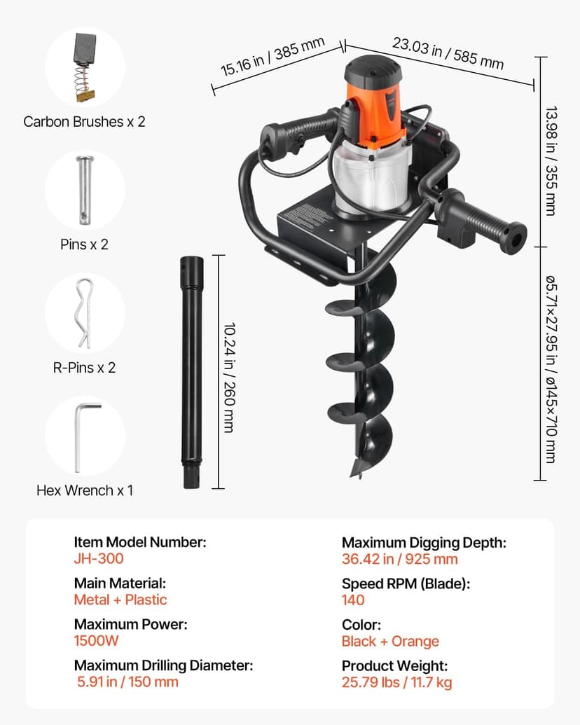 VEVOR Electric Post Hole Digger, 5.71 in Auger Bit with 1500W Powerful Motor, 140 RPM Alloy Steel Earth Auger Drill Bit with 10.24 in Extension Rod, for Post Hole Digging, Drilling & Tree Planting