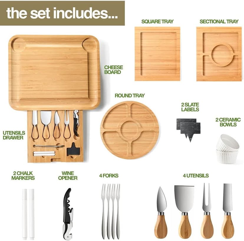Complete Serving Set with Utensils & Trays, Entertaining, House Warming, Wedding, Bridal Shower & Birthday Gift for Women Bamboo Charcuterie Board Set, Large Cheese Board 3-Drawer with Accessories B0BKLRWSZW