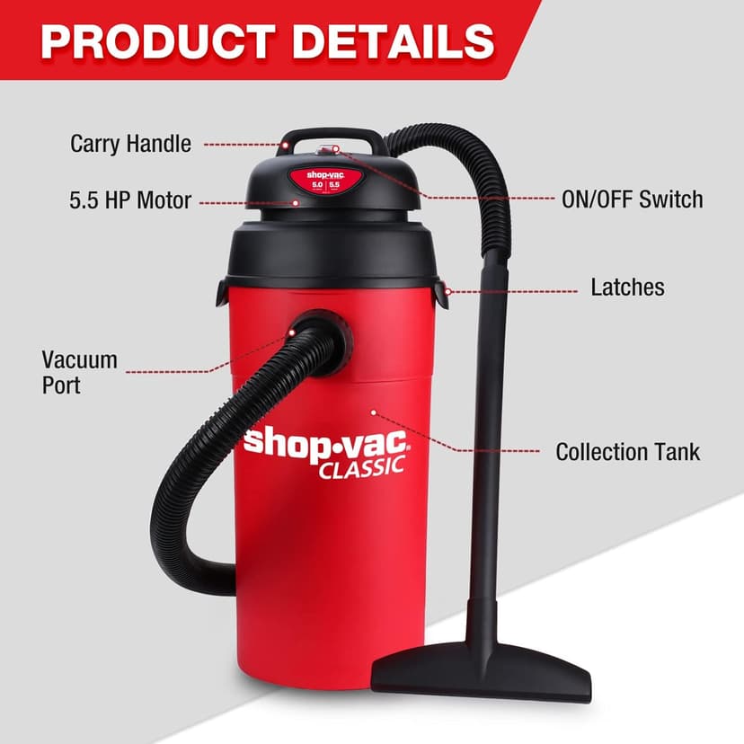 Shop-Vac 5 Gallon 5.5 Peak HP Wet/Dry Vacuum, Wall Mountable Compact Shop Vacuum with 18+7Ft Long Hose & Attachments, Ideal for Jobsite, Garage, Car & Workshop. 9522236