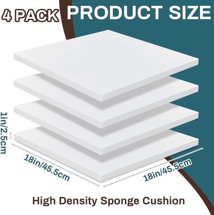 Frienda 4 Pack 1" x 18" x 18" Upholstery High Density Foam Cushion Seat Replacement Square Cut to Size Foam Couch for Patio Furniture Commercial Dinning Chair Couches Benches Padding DIY Projects