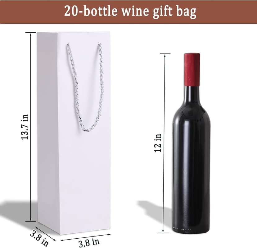 Tlenpo 20 Pack White Wine Gift Bag Set with Handles, 13.7x3.8x3.8 Inch, Kraft Whiskey Wine Bag for Valentines, Wedding, Easter, Christmas, Baby Shower, Birthday Party