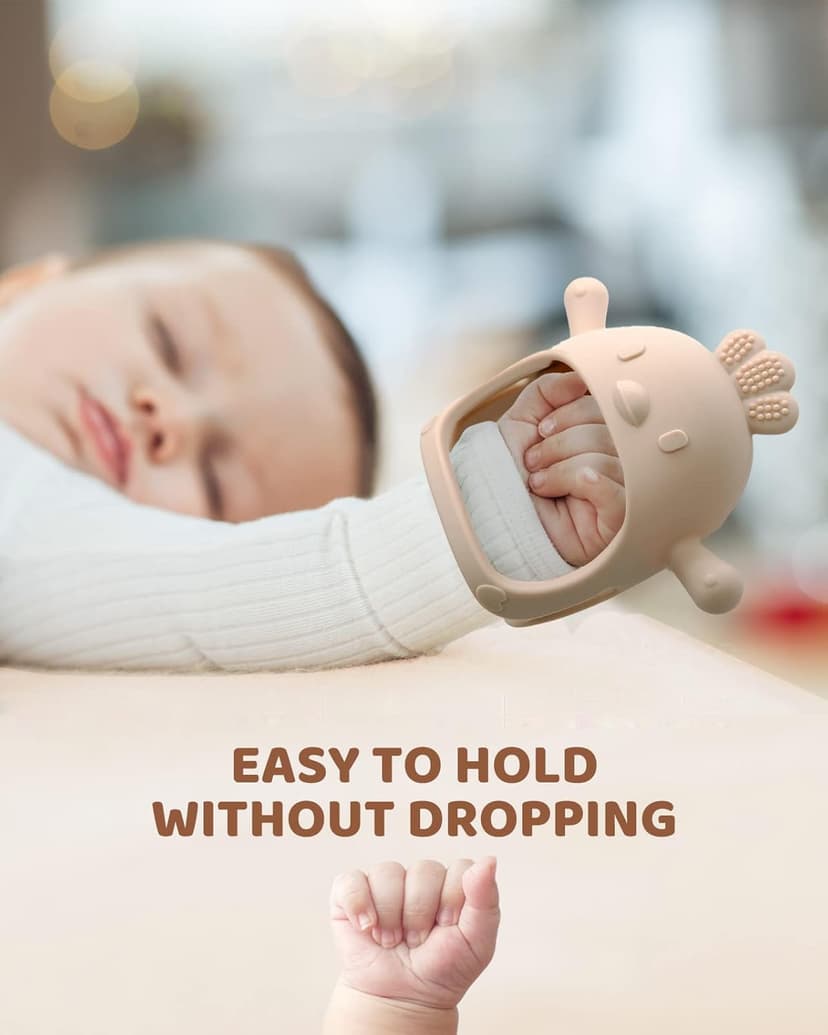 2 Pack Baby Teething Toy Silicone Teething Mitten for Babies Over 3 Months Anti Dropping Wrist Hand Teethers Baby Chew Toys for Sucking Needs, BPA Free (Pink & Caramel)