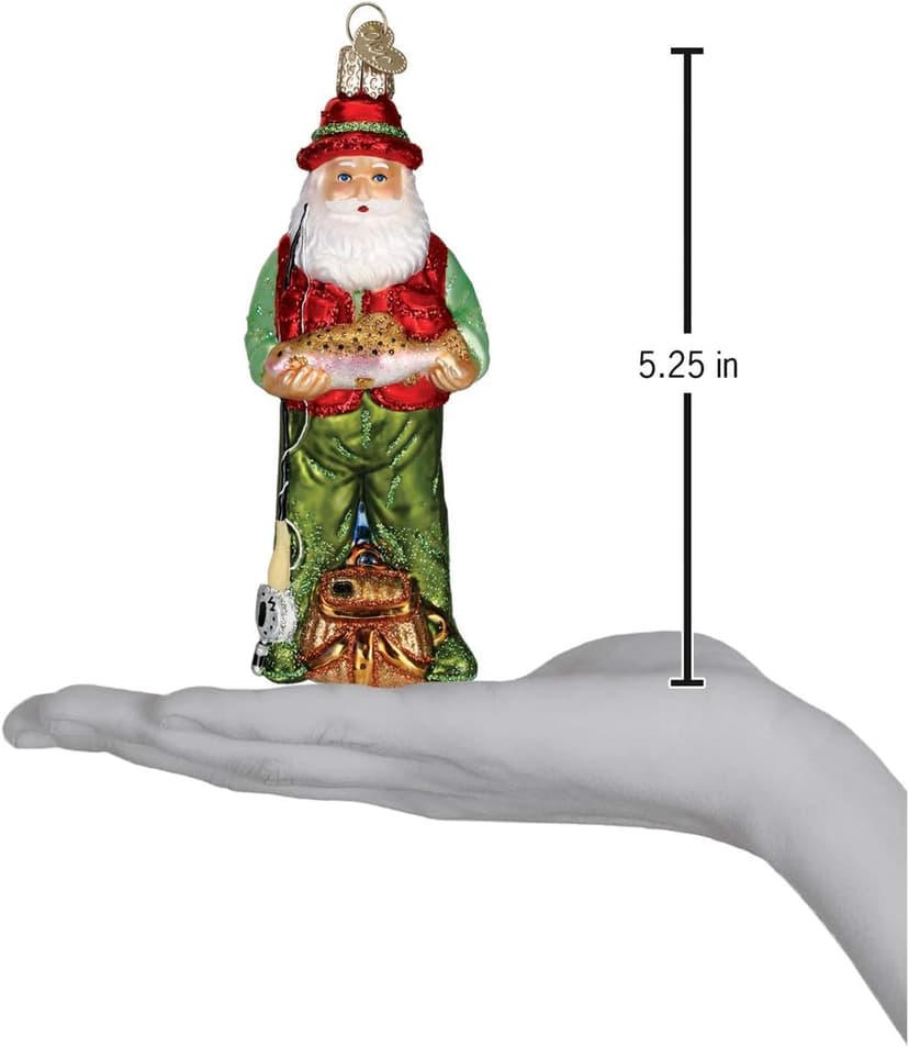 Old World Christmas Fly Fishing Santa Glass Blown Ornament for Christmas Tree, Handcrafted Holiday Decoration, Fisherman Collection