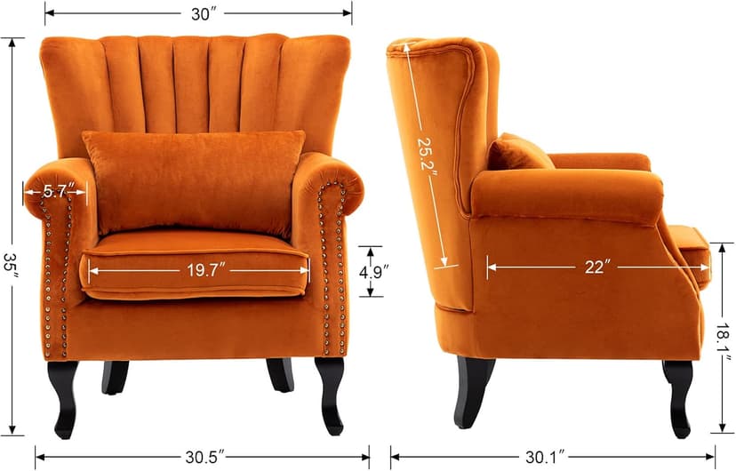Kmax Orange Accent Chair Velvet Wingback Chair with Pillow Nail-Head Channel Tufted Oversized Club Chair for Living Room Bedroom Guest Room