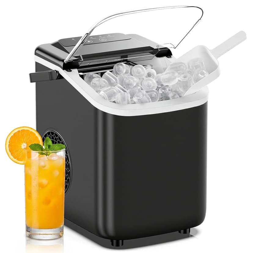 NEWBULIG Ice Maker, Countertop Ice Machine with Handle, 9 Bullet Cubes in 6~8 Mins, 26lbs Daily, Self-Cleaning with Basket and Scoop for Home/Kitchen/Camping/RV
