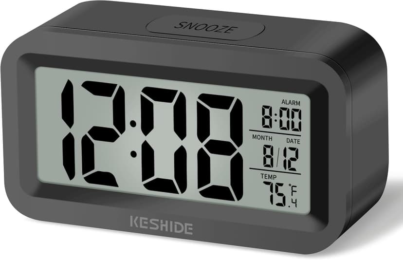 KESHIDE Travel Digital Alarm Clock, Battery Operated with Indoor Temperature, Desk Small Clock,Snooze Model,12/24H Display for Bedrooms Heavy Sleepers Kids Travel Bathroom (Black)