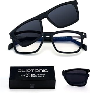 2-in-1 Magnetic Clip- On Blue Light Blocking Glasses–Rectangle Frame + Polarized UV400 Clip, TR90, Anti-Reflective
