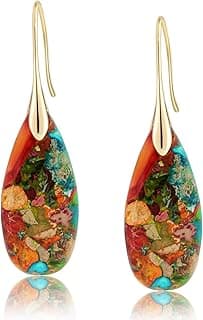 Sriomu Natural Healing Stone Fishhoop Dangle Drop Earrings Statement Gold silver earrings B0DGQW4PKS