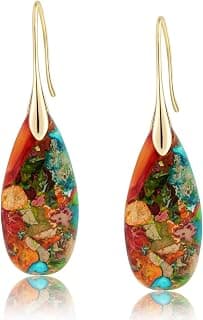Sriomu Natural Healing Stone Fishhoop Dangle Drop Earrings Statement Gold silver earrings B0DGQW4PKS