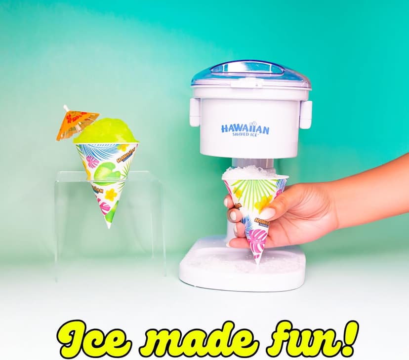 Hawaiian Shaved Ice S700 Kid-Friendly Snow Cone Machine Kit with 3-16oz. Syrup Flavors: Cherry, Grape, and Blue Raspberry, Plus 25 Snow Cone Cups, 25 Spoon Straws, and 3 Black Bottle Pourers