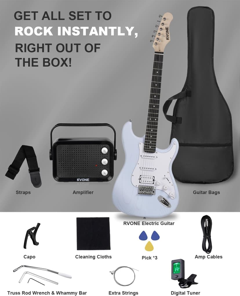 RVONE RST-150 39”Beginner Electric Guitar Kit with Amplifier, Classic HSS Pickup, Electric Guitar with Gig Bag, Capo, Strap, Extra Strings, Digital Tuner, 3 Picks, Cleaning Cloths (1-Blue)