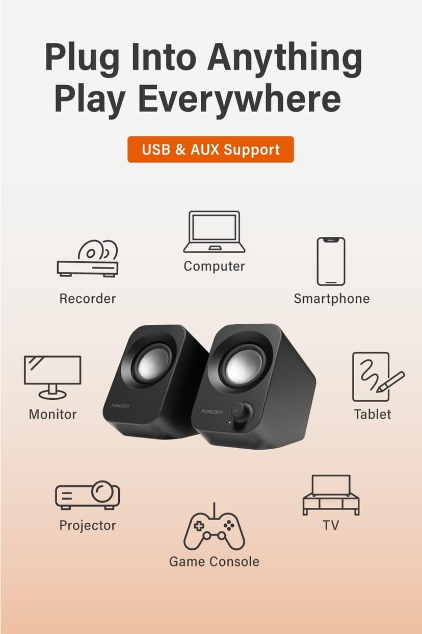 FUNLOGY Speaker - 14W Stereo PC Speakers, USB Powered, Compact Size with 30° Tilt Design, Volume Dial Control, for Desktop, Laptop, Monitor, Gaming Consoles, Black