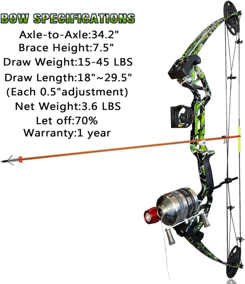 Bowfishing Bow Kit with Arrow Ready to Shoot Right Handed 15-45 LBS Draw Length 18"-29.5" Adjustable,Axle-to-Axle: 34.2",Complete Compound Bow Fishing Kit 2024 New