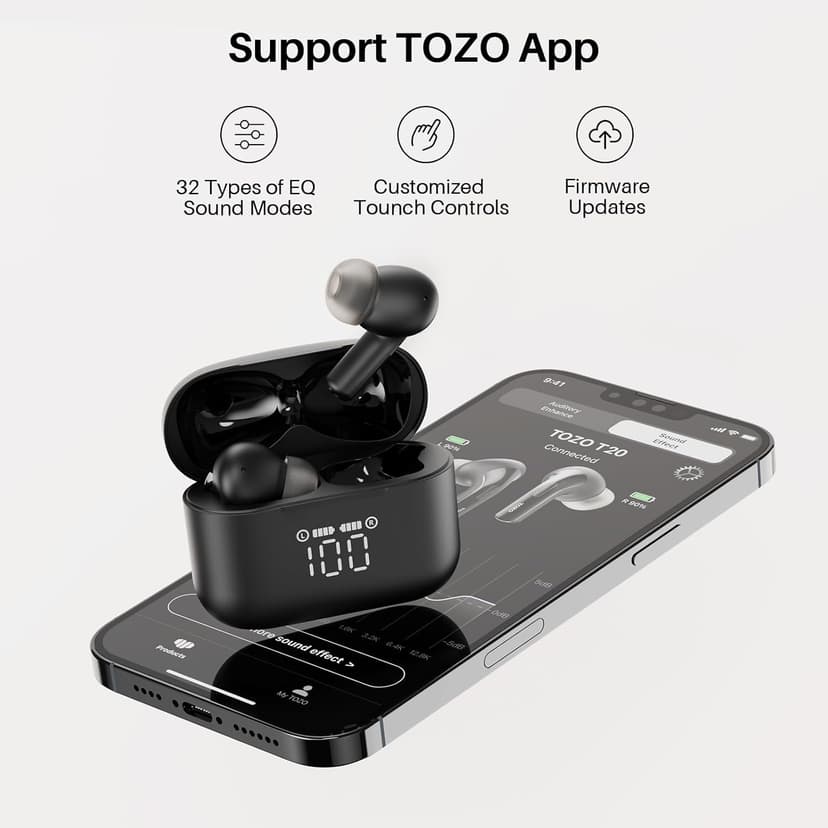 TOZO T20 Wireless Earbuds Bluetooth Headphones 48.5 Hrs Playtime with LED Digital Display, IPX8 Waterproof, Dual Mic Call Noise Cancelling 10mm Broad Range Speakers, New Version