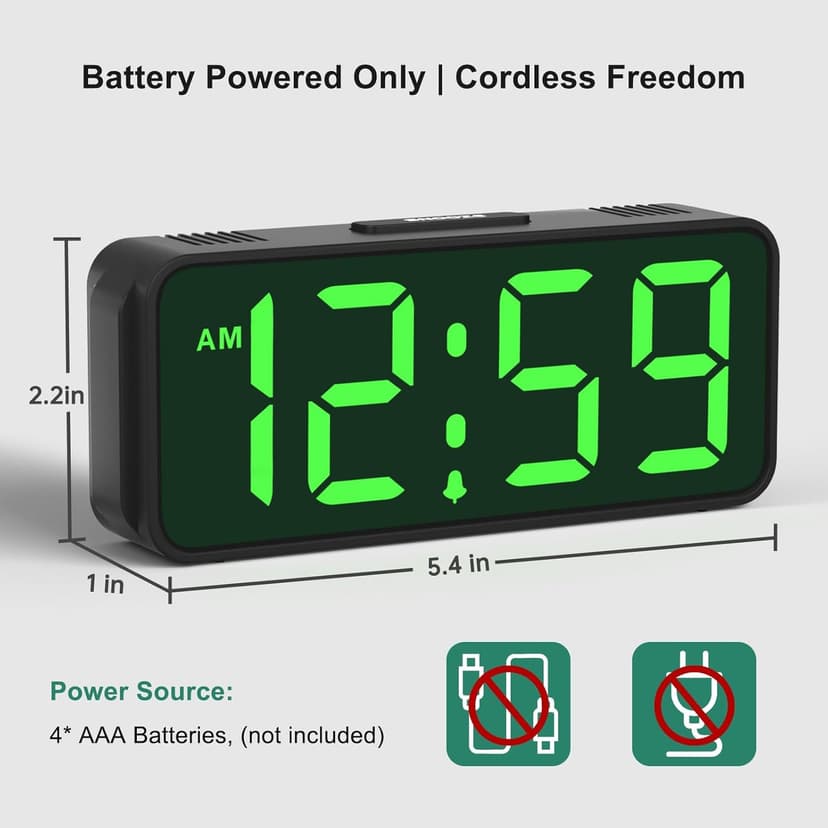Peakeep Small Battery Powered Digital Alarm Clocks for Bedrooms Bedside, Cordless Tiny Travel Portable Desk Clock, Large Numbers Auto Dimmable, LED Display 4 Dimmers, 5 Alarm Volumes