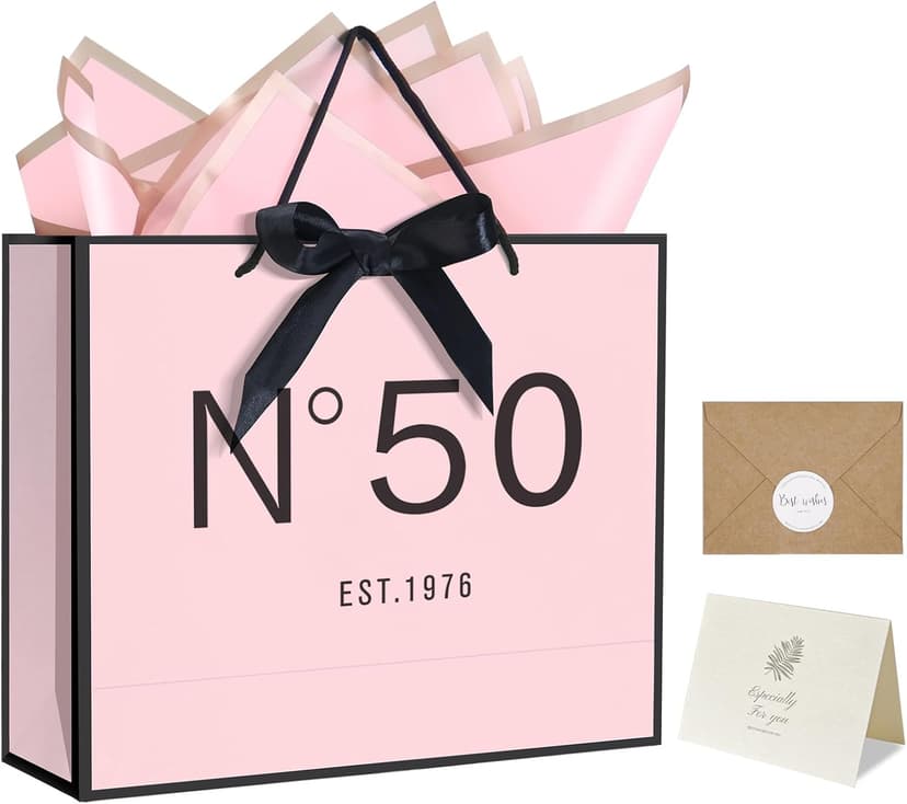 13" Birthday Gift Bag with Card Envelope Sticker Bow Ribbon and Tissue papers for Women Girls Design with Handles,13th-100th (EST.1975 50th, 13" W x 10.5" H x 4.3" D)