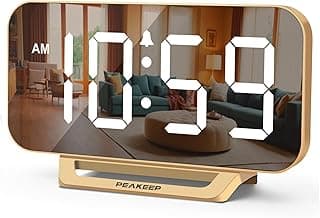 Peakeep Slim Digital Mirror Aesthetic Alarm Clock for Bedrooms Desk Decor - Plug in Electric Big LED Modern Small Clock for Office Living Room, Battery Backup, 6 Dimmers (Gold)