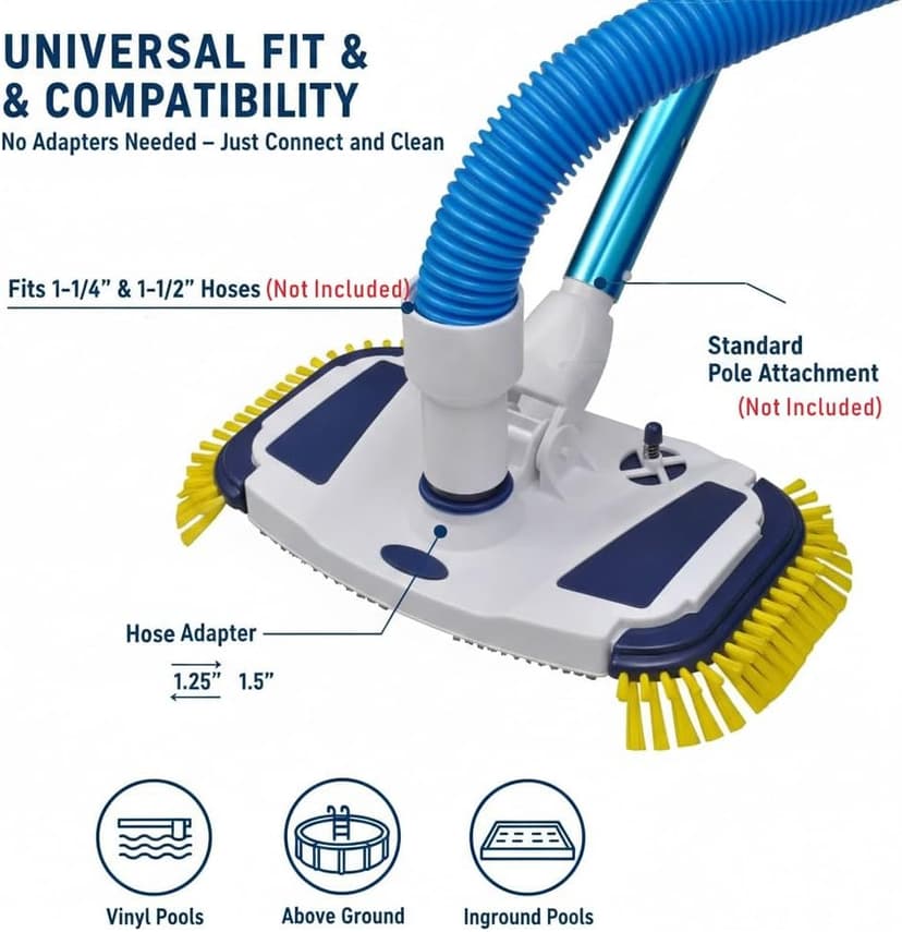 ProMotus Weighted Pool Vacuum Head, Vinyl-Safe No Wheels Manual Cleaner with Air Relief Valves，Multi-Directional Brushes for Above Ground & Inground Pools, Universal Fit for 1-1/4" & 1-1/2" Hoses