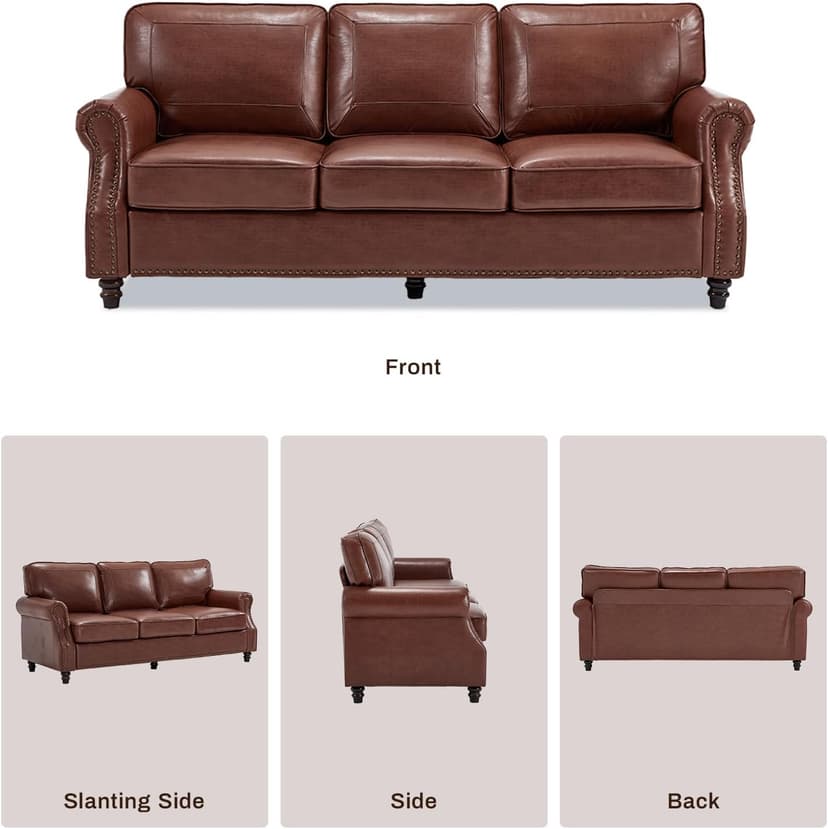 Kingfun Mid-Century Modern Couch, Faux Leather Sofa, 3 Seater Couch for Living Room with Rolled arms & Nailhead Trim, Dark Coffee