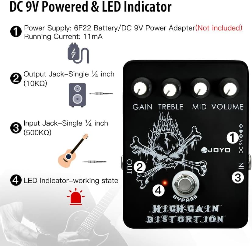 JOYO High Gain Distortion Pedal from AC/DC Crunch to Heavy Metal with Full Range EQ for Electric Guitar Effect - Bypass (JF-04)