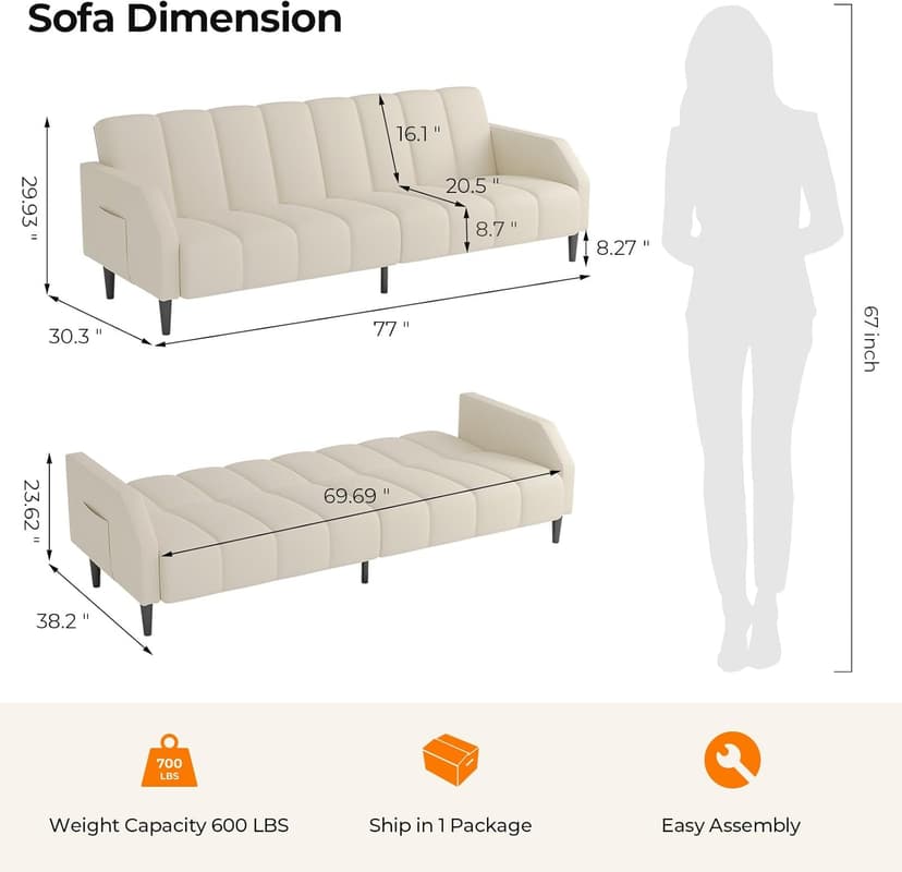 Fadware Faux Leather Couch, Convertible Futon Sofa Bed with Adjustable Backrest, Mid Century Leather Sofa Loveseat with Side Pockets& Metal Leg, Modern Leather Sleeper Sofa for Living Room Bedroom