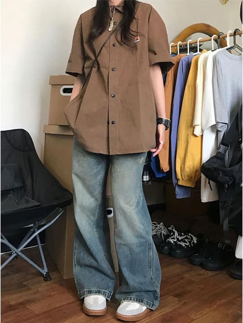 UICIOP Korean Version Women's Shirt Retro Lapel Button up Shirt Women's Summer Loose Casual Short Sleeved top