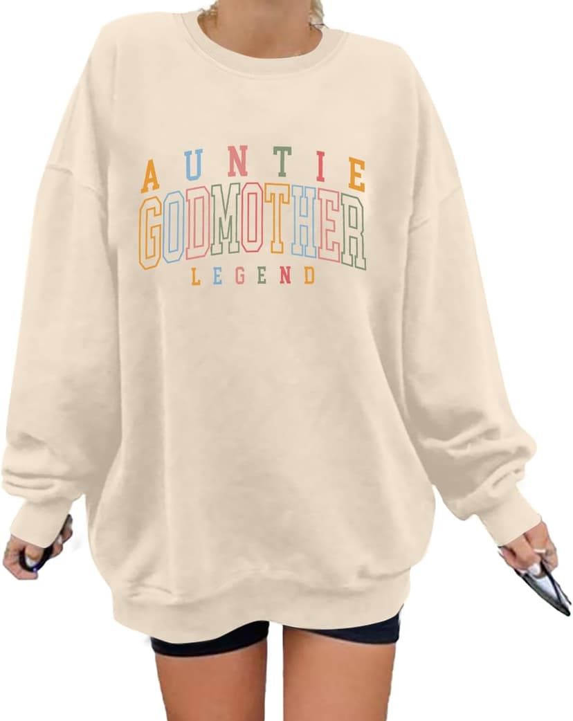 KIDDAD Women's Auntie Sweatshirt Cool Aunt Godmother Legend Crewneck Pullover Top Long Sleeve Graphic Aunts Shirt