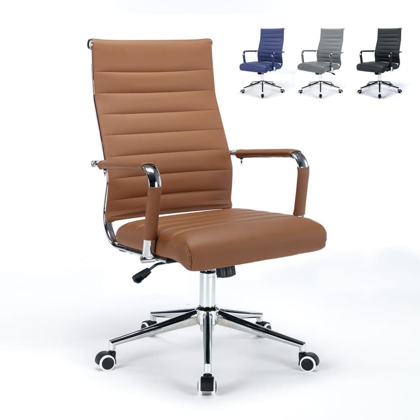 Office Desk Chair Leather, Conference Room Chairs with Wheels, Executive Modern High Back Ergonomic Swivel Rolling Ribbed Computer Chair(Brown)