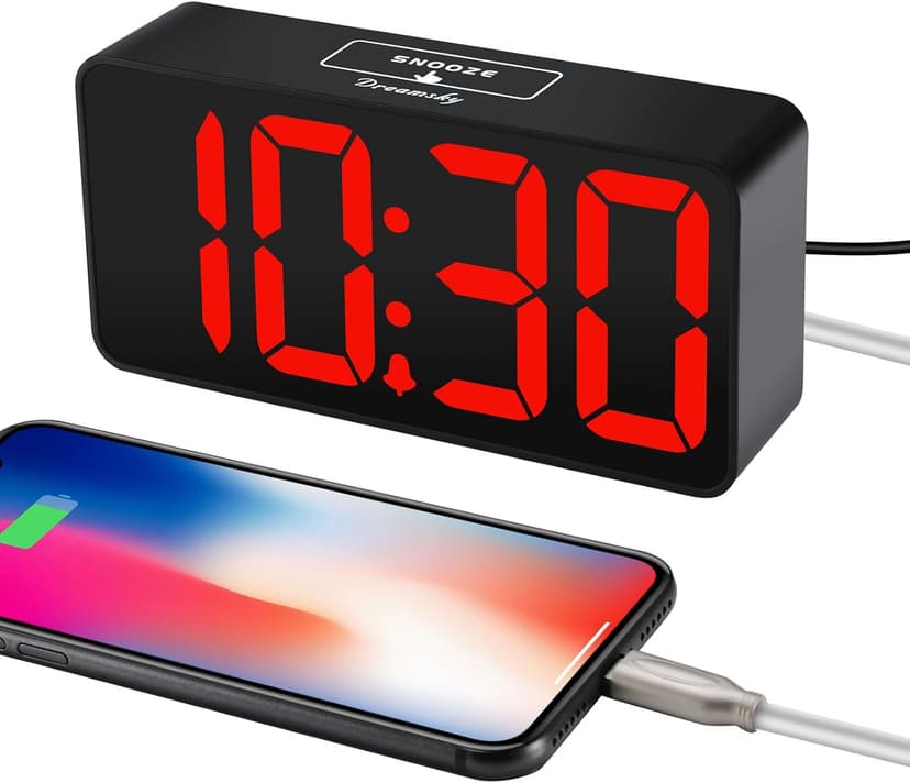 DreamSky Small Digital Alarm Clock for Bedroom, Large Big Numbers Display with Brightness Dimmer, Electric Bedside Desk Clock with USB Charging Port, Adjustable Alarm Volume, USB-C Adapter Powered