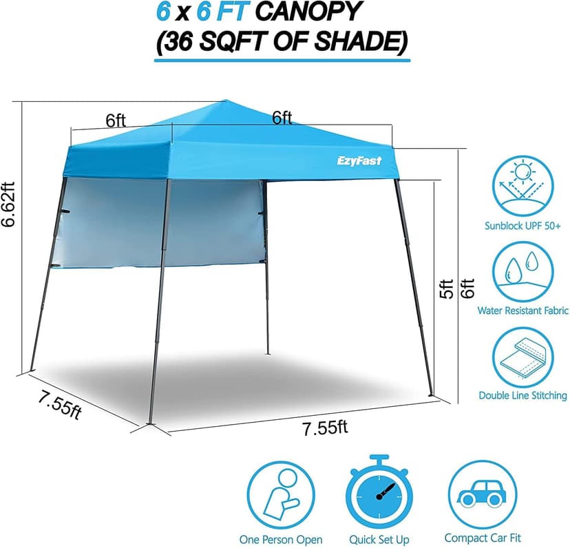 EzyFast Ultra Compact Backpack Canopy, Pop Up Shelter, Portable Sports Cabana, 7.5 x 7.5 ft Base / 6 x 6 ft top for Hiking, Camping, Fishing, Picnic, Family Outings