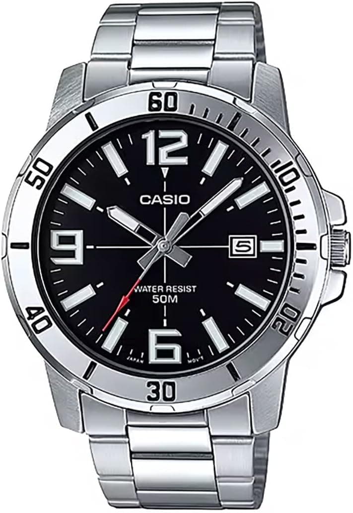 Casio MTP-VD01D-1BV Men's Enticer Stainless Steel Black Dial Casual Analog Sporty Watch, Silver, 48×42×10.7mm, Quartz Movement