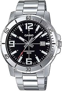 Casio MTP-VD01D-1BV Men's Enticer Stainless Steel Black Dial Casual Analog Sporty Watch, Silver, 48×42×10.7mm, Quartz Movement