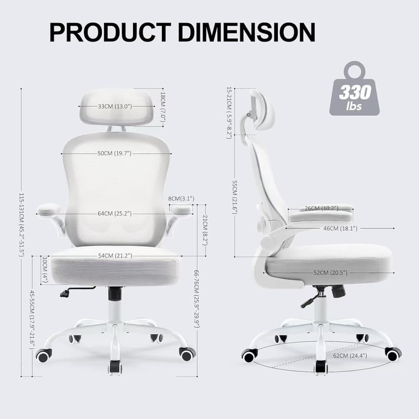 Ergonomic Office Chair,Ultra Thick Office Desk Chair with Adjustable Lumbar Support and Headrest,Spring Cushion,Rocking Function,Flip-up arms,Mesh Computer Chair for Home Office,Grey