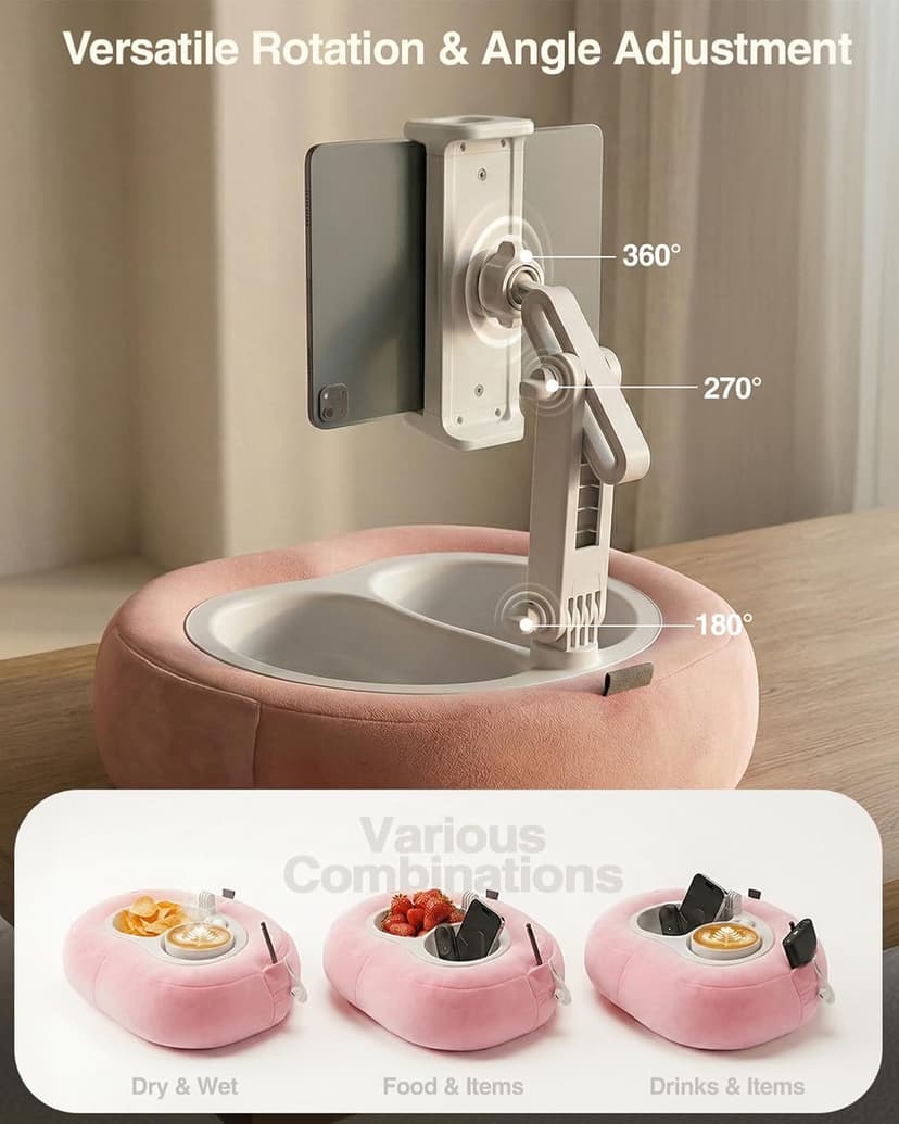 Compatible with Kindle, iPad, Phone and Tablet 5" to 12.9", Soft Plush Fabric, with 2 Snack Bowls, for Reading and Relaxing Miledi Tablet Pillow Stand for Bed with 360° Rotating Holder, Pink B0DJ2NSNFP