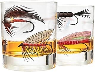 Greenline Goods – Fly Fishing Glass Set for Fisherman and Outdoorsman – Fly Lures Themed 10 oz Whiskey Drinking Glass Set of 2
